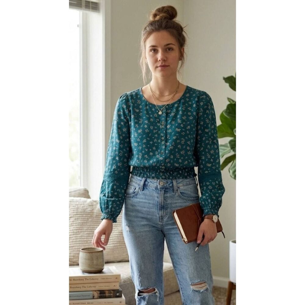 True Craft Peasant Top Sz S Green Floral